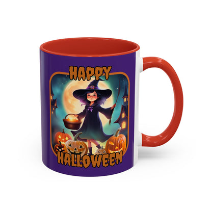 Happy Halloween Little Witch Orange font Purple Accent Mug by CreepyCrafts.boo