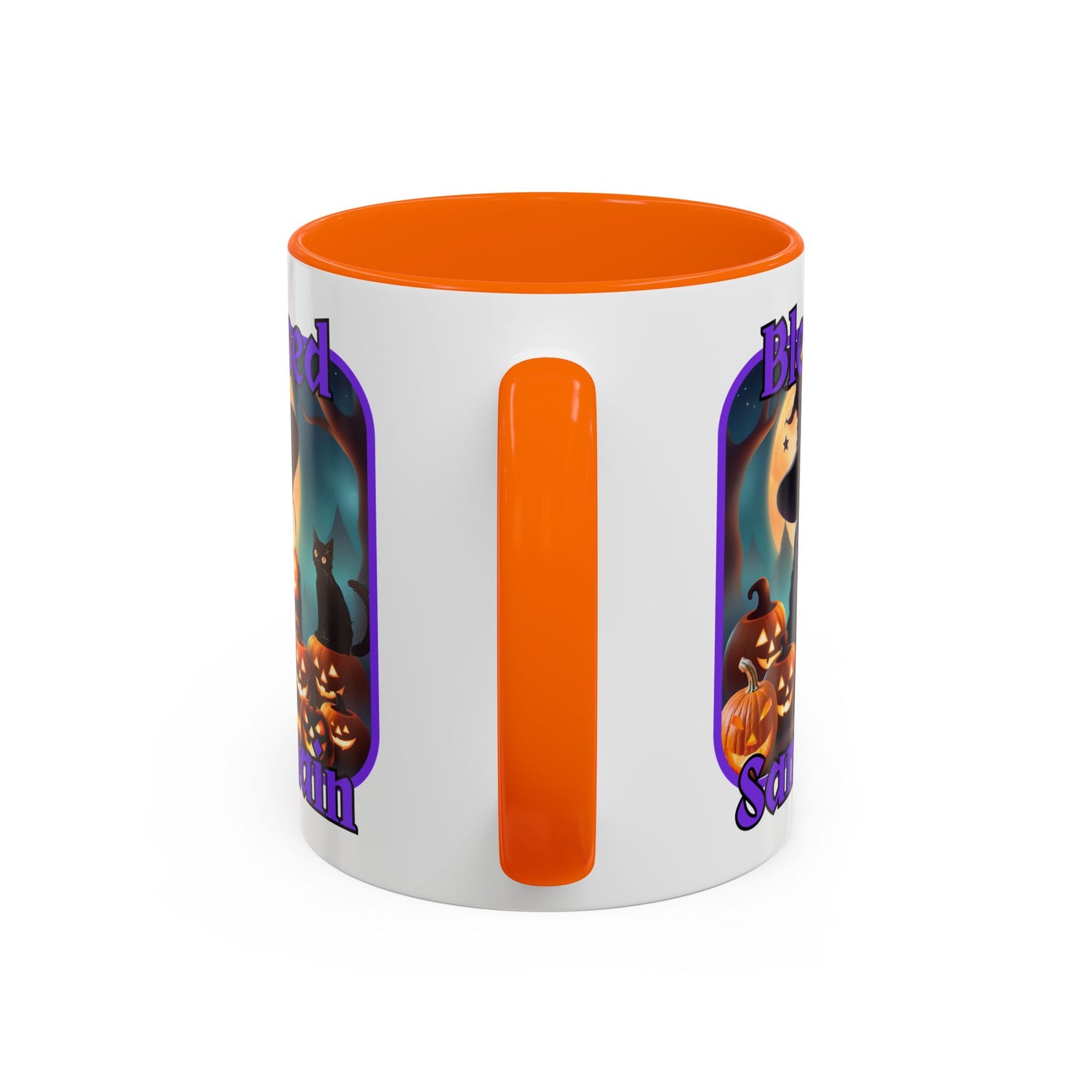 Blessed Samhain Cute Witch Purple font White Accent Mug by CreepyCrafts.boo
