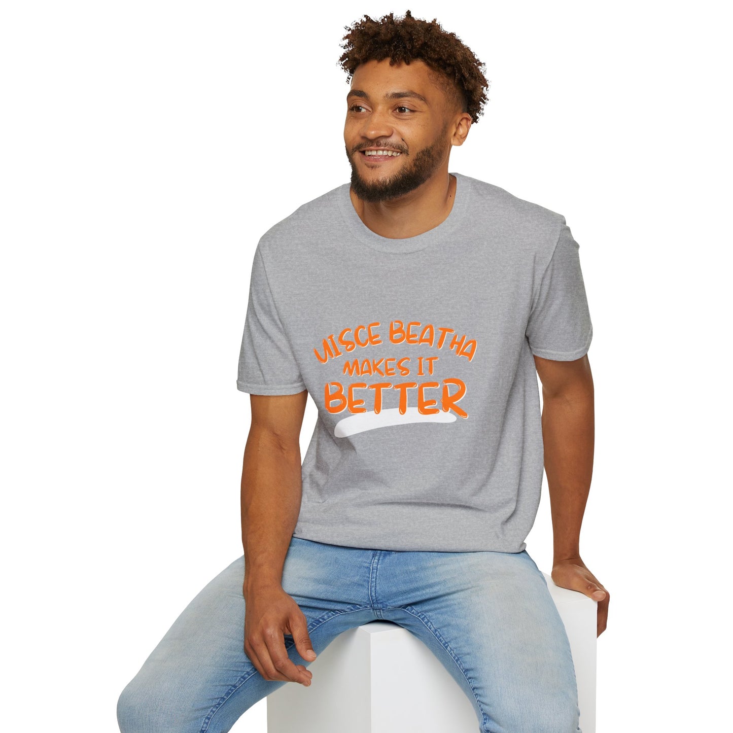 Uisce Beatha makes it better Orange font Light colors Unisex T-Shirt by cypherpunkgear.com