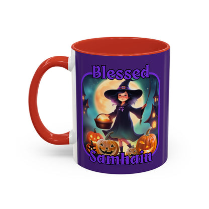 Blessed Samhain Little Witch Purple font Purple Accent Mug by CreepyCrafts.boo