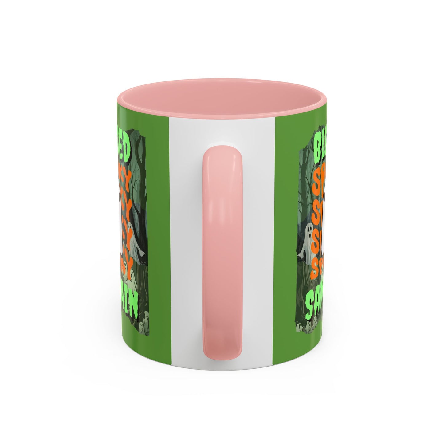 Spooky Blessed Samhain Ghost Green font Accent Mug by CreepyCrafts.boo