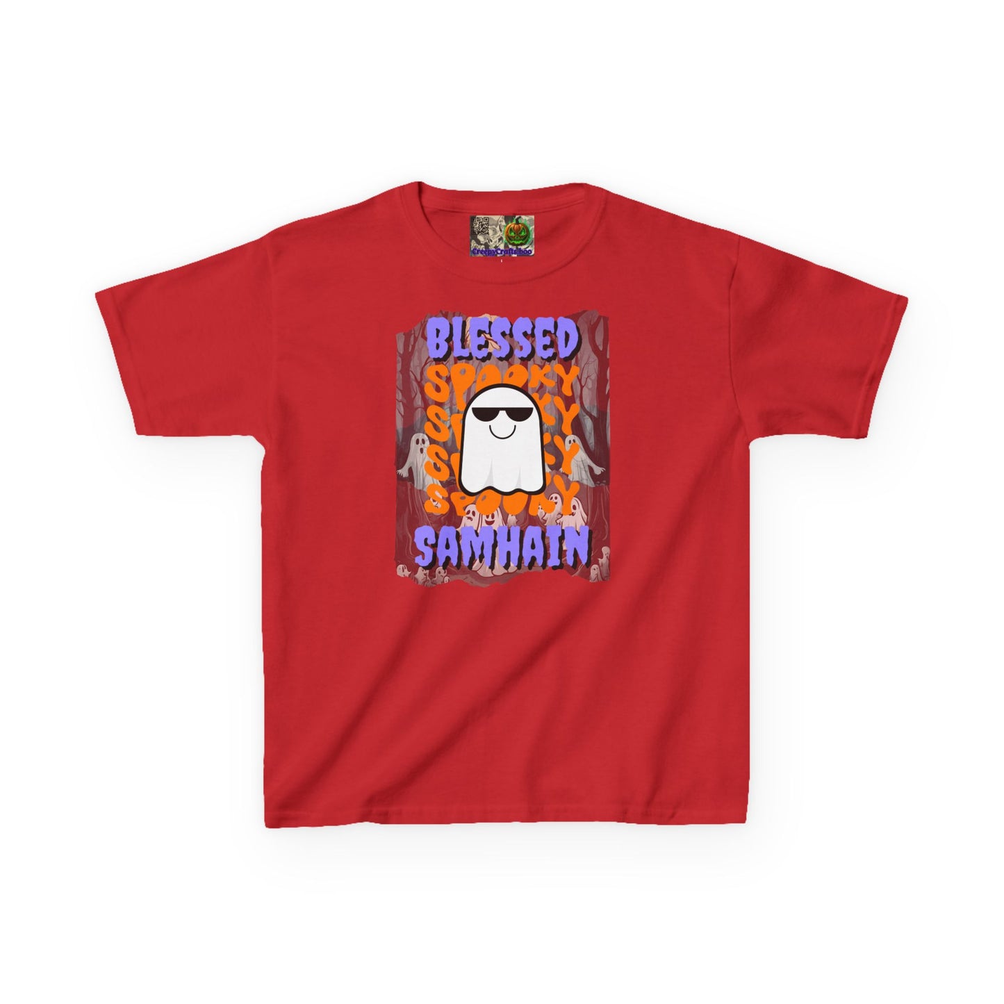 Spooky Blessed Samhain Ghost Purple font Kids Heavy Cotton™ Tee by CreepyCrafts.boo