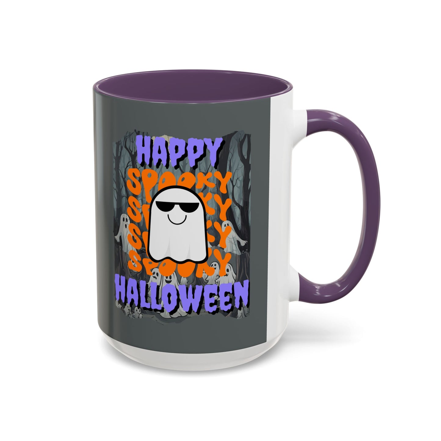 Spooky Happy Halloween Ghost Purple font Grey Accent Mug by CreepyCrafts.boo