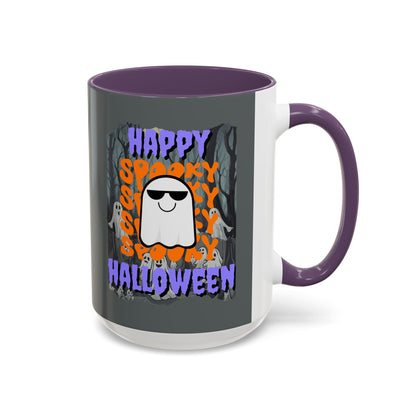 Spooky Happy Halloween Ghost Purple font Grey Accent Mug by CreepyCrafts.boo