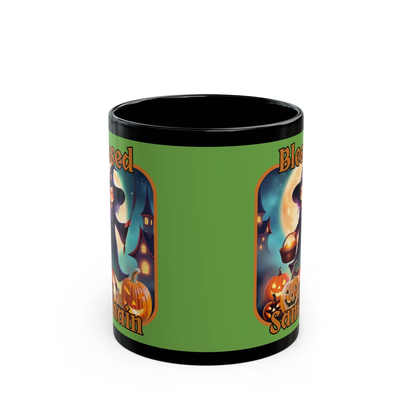 Blessed Samhain Little Witch Orange font Green Mug by CreepyCrafts.boo