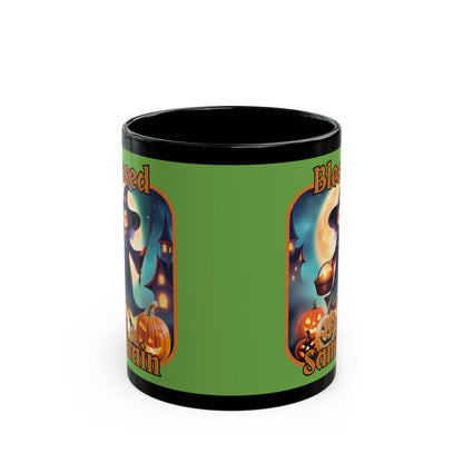 Blessed Samhain Little Witch Orange font Green Mug by CreepyCrafts.boo