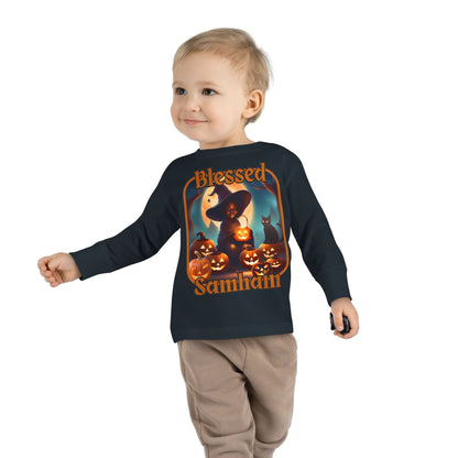 Blessed Samhain Cute Witch Orange font Toddler Long Sleeve Tee by CreepyCrafts.boo