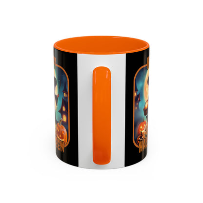 Happy Halloween Little Witch Orange font Black Accent Mug by CreepyCrafts.boo
