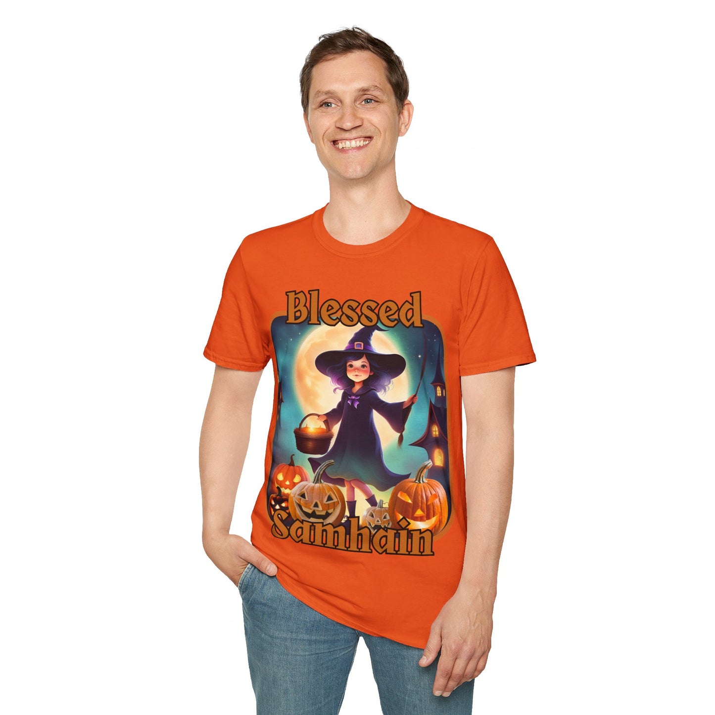 Blessed Samhain Little Witch ORfont LTcolors Unisex T-Shirt by cypherpunkgear