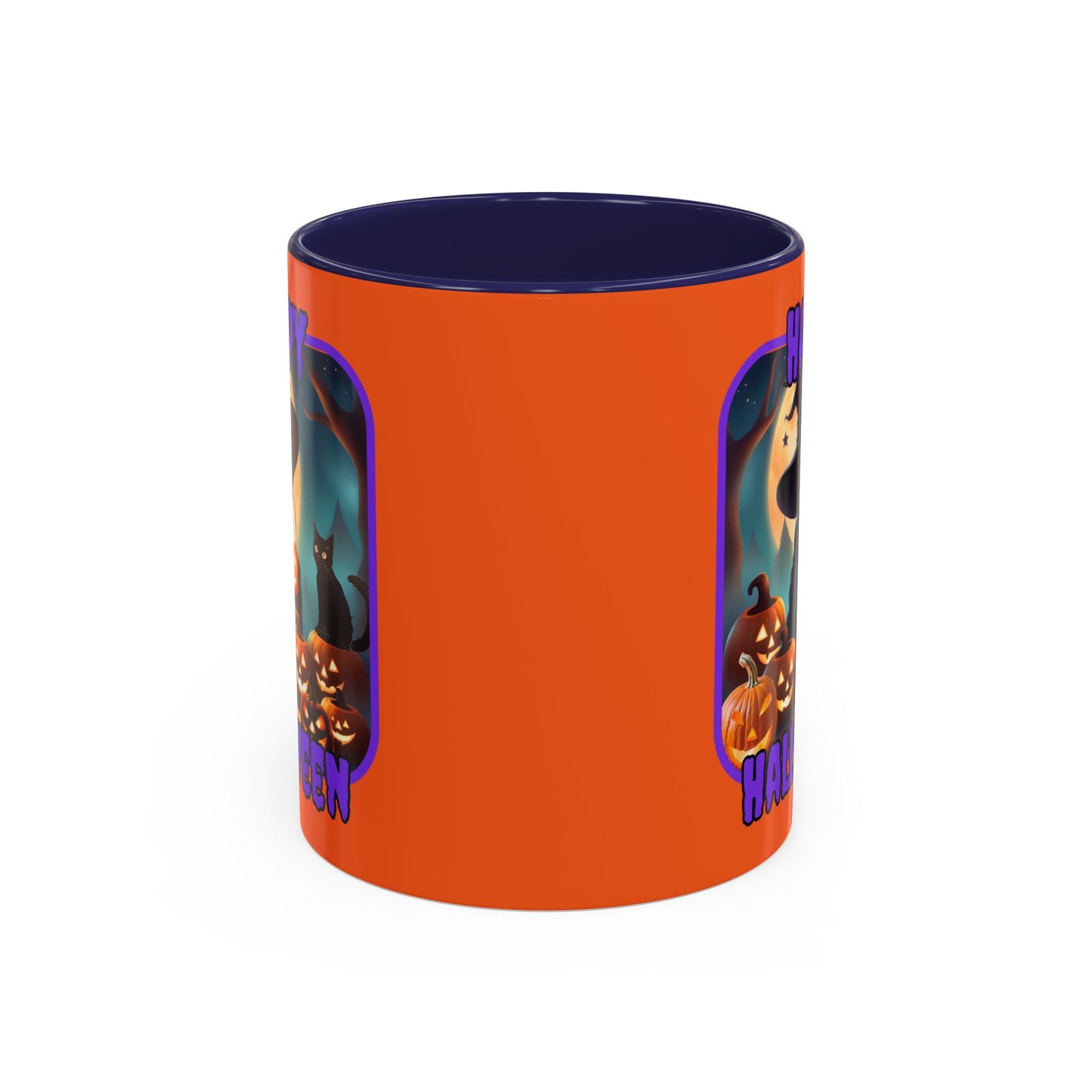 Happy Halloween Cute Witch Purple font Orange Accent Mug by CreepyCrafts.boo