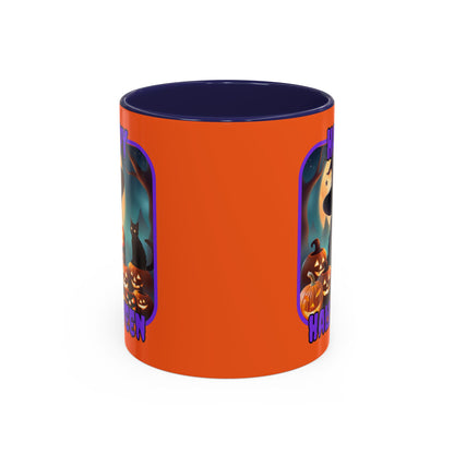 Happy Halloween Cute Witch Purple font Orange Accent Mug by CreepyCrafts.boo