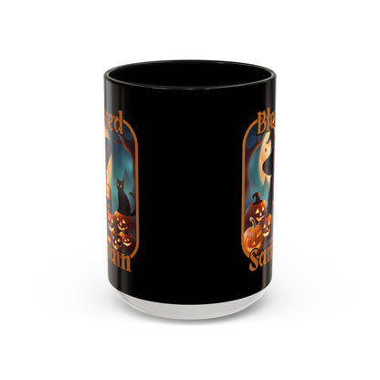 Blessed Samhain Cute Witch Orange font Black Accent Mug by CreepyCrafts.boo