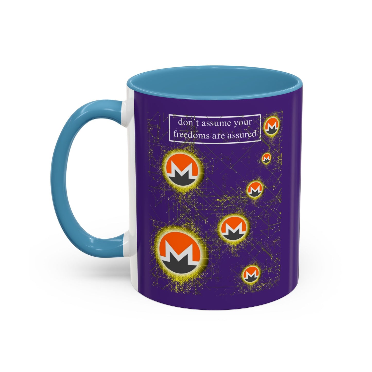 Monero (XMR) don't assume your freedoms are assured Purple Accent Mug by cypherpunkgear.com