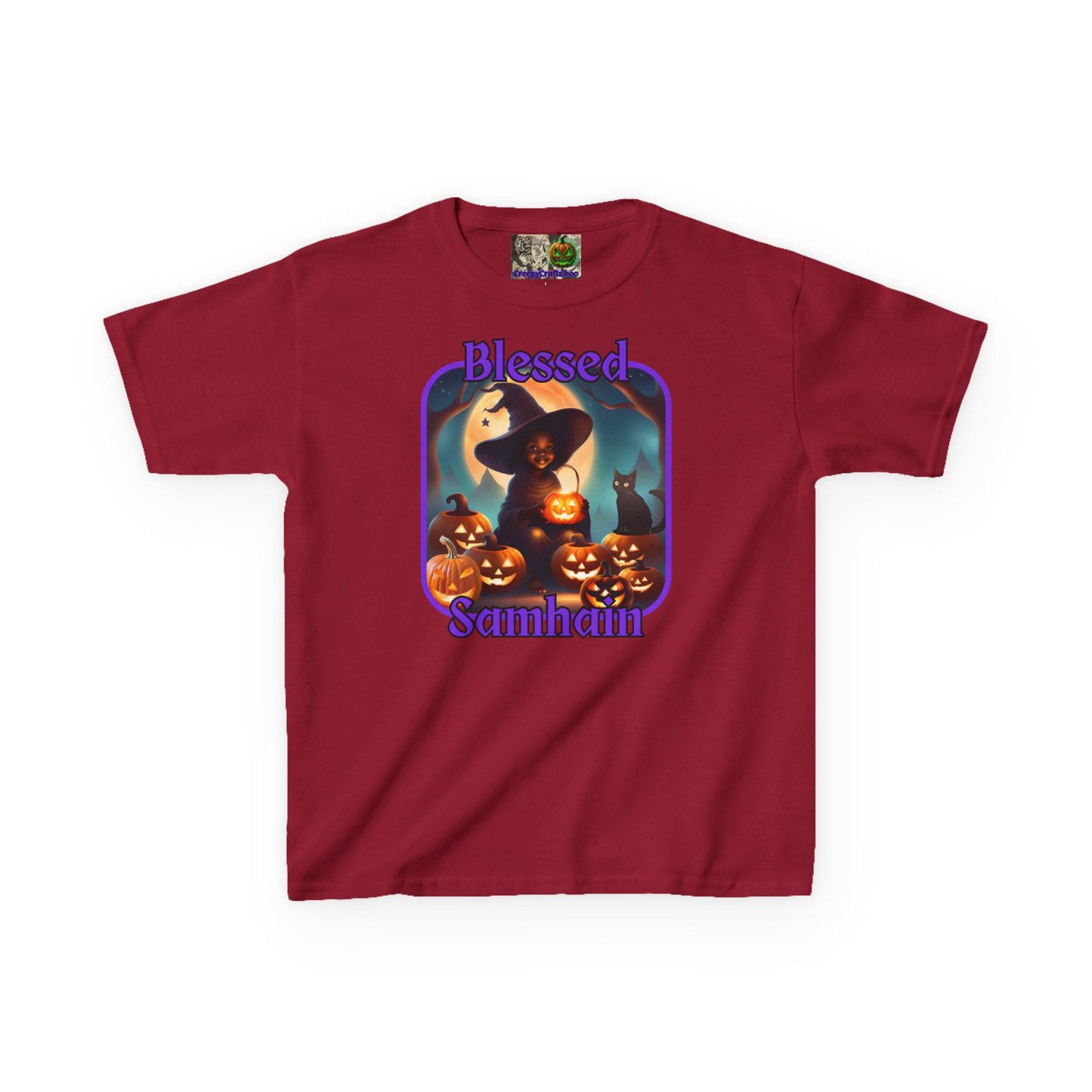 Blessed Samhain Cute Witch Purple font Kids Heavy Cotton™ Tee by CreepyCrafts.boo