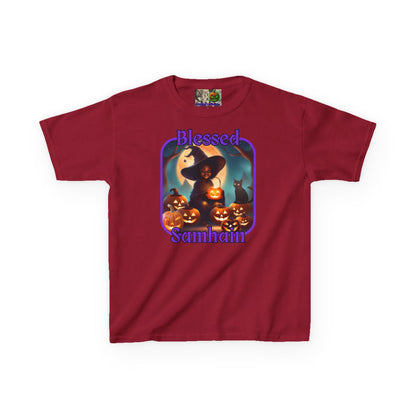 Blessed Samhain Cute Witch Purple font Kids Heavy Cotton™ Tee by CreepyCrafts.boo