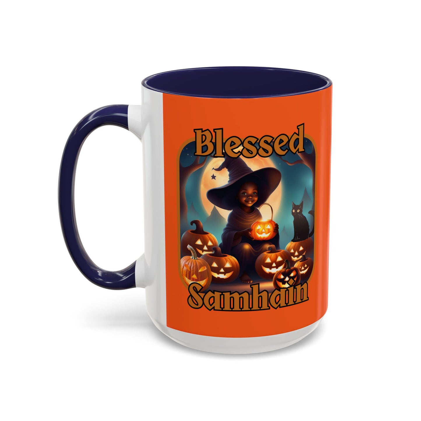 Blessed Samhain Cute Witch Orange font Orange Accent Mug by CreepyCrafts.boo