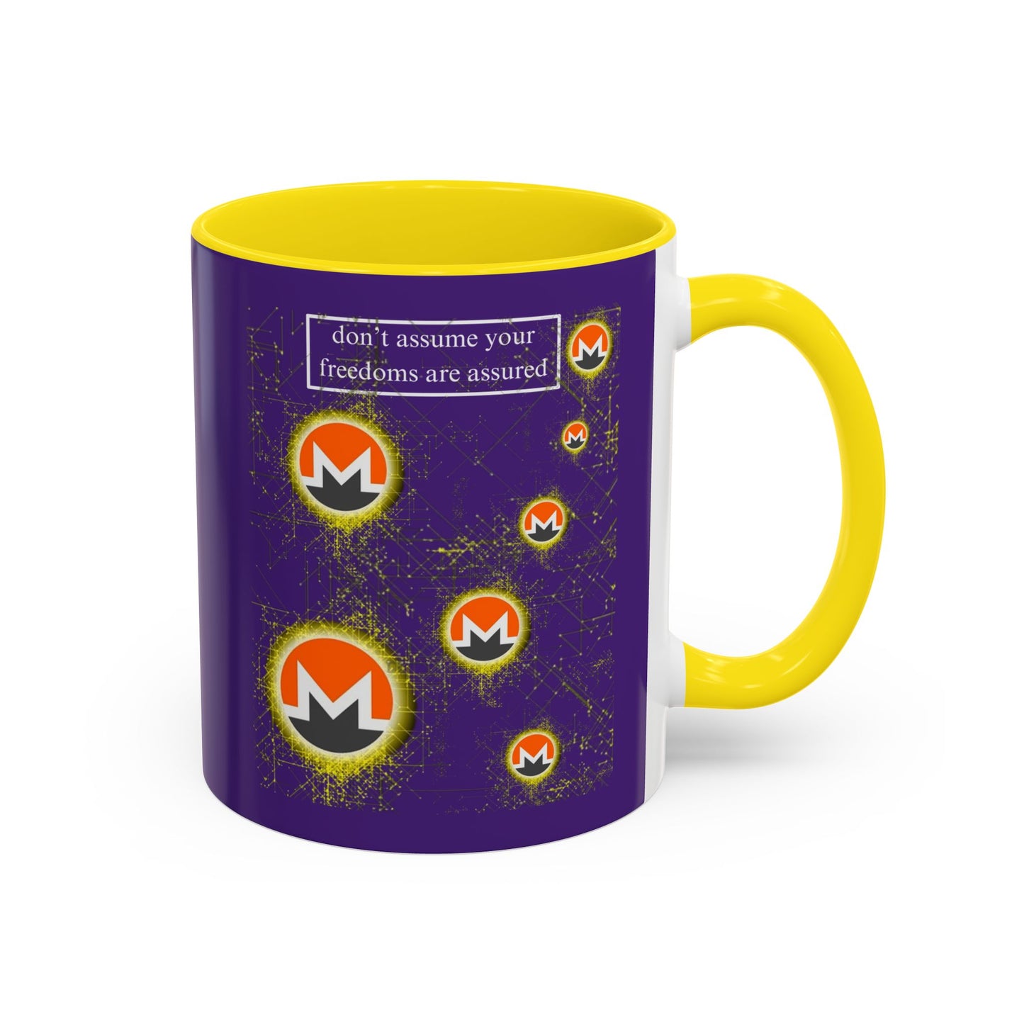 Monero (XMR) don't assume your freedoms are assured Purple Accent Mug by cypherpunkgear.com