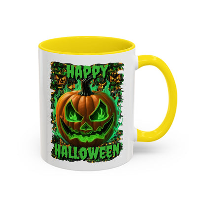 Happy Halloween Green Jack White Accent Mug by CreepyCrafts.boo