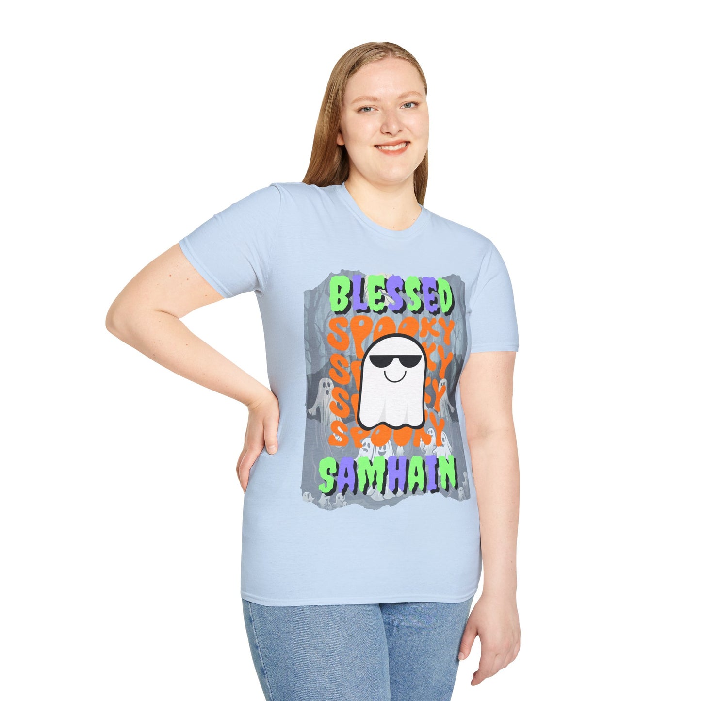 Spooky Blessed Samhain Ghost Mixed font Unisex T-Shirt by CreepyCrafts.boo