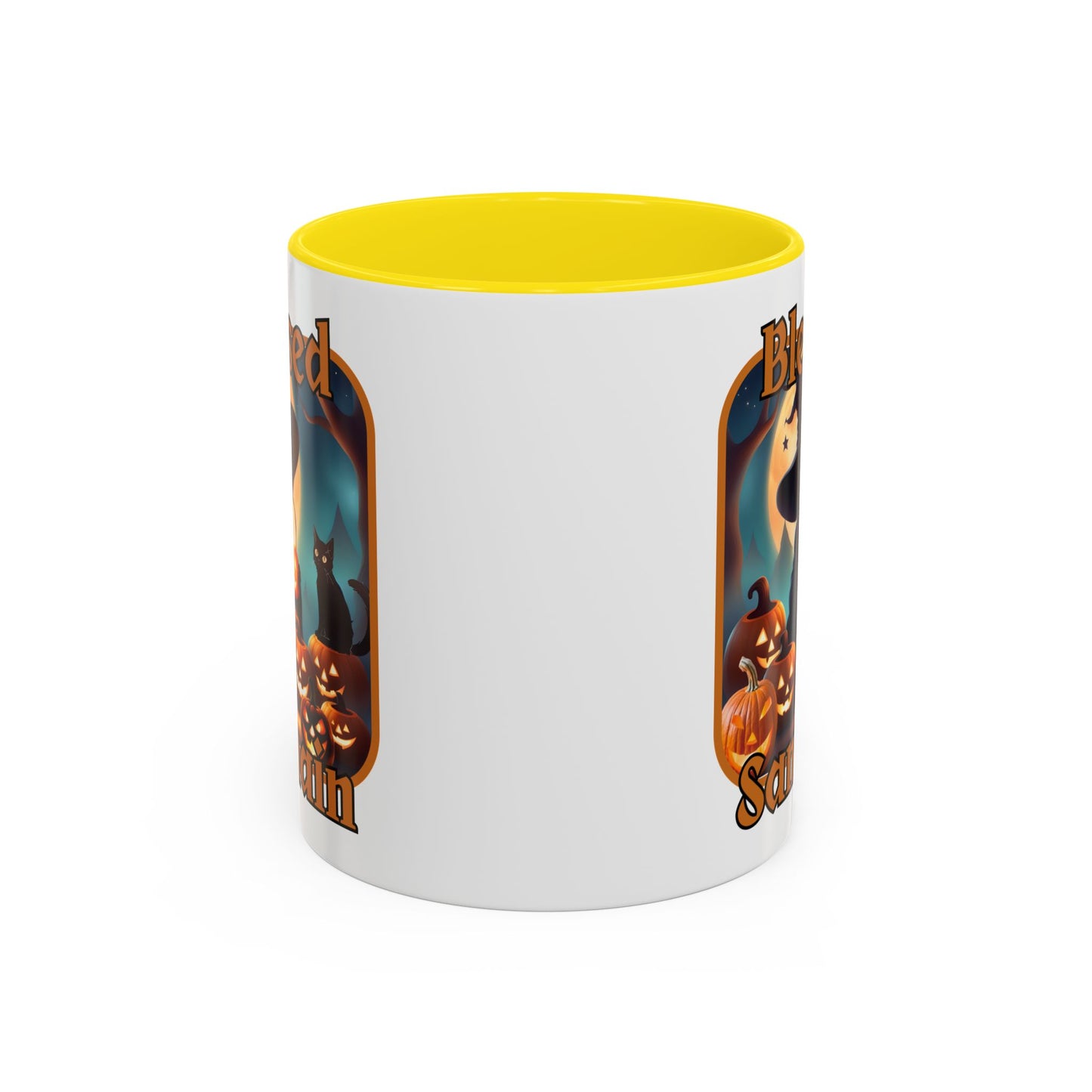 Blessed Samhain Cute Witch Orange font White Accent Mug by CreepyCrafts.boo