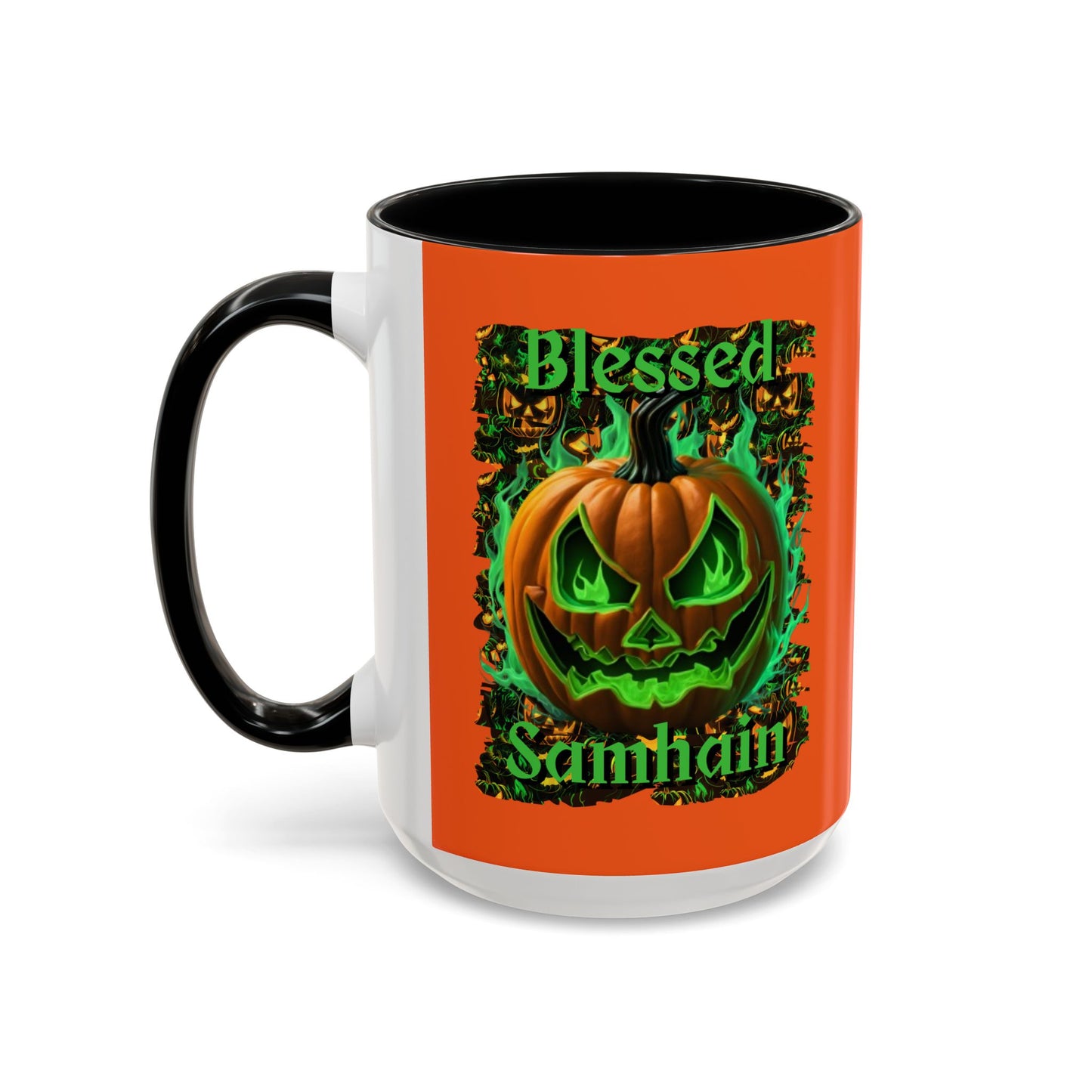 Blessed Samhain Green Jack Orange Accent Mug by CreepyCrafts.boo