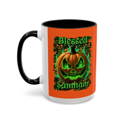 Blessed Samhain Green Jack Orange Accent Mug by CreepyCrafts.boo