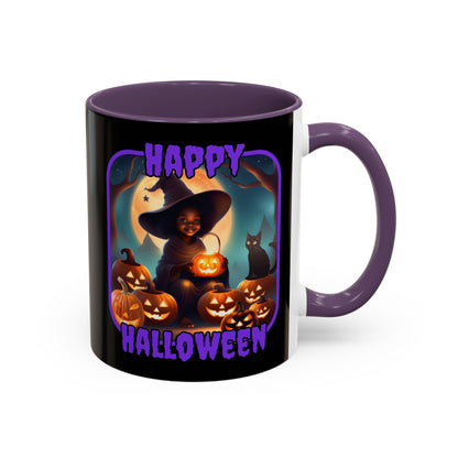 Happy Halloween Cute Witch Purple font Black Accent Mug by CreepyCrafts.boo