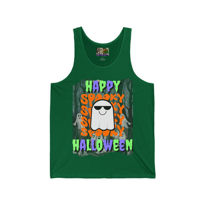 Spooky Happy Halloween Ghost Mixed font Unisex Jersey Tank Top by CreepyCrafts.boo