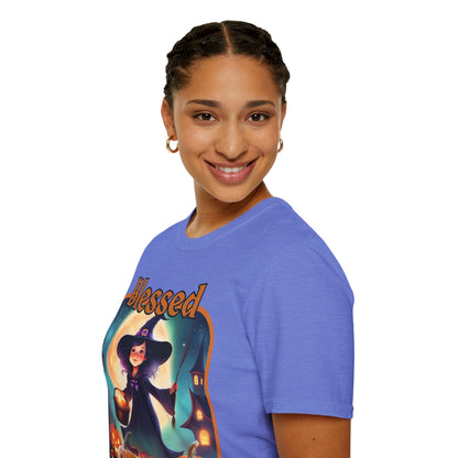 Blessed Samhain Little Witch Orange font Light colors Unisex T-Shirt by CreepyCrafts.boo