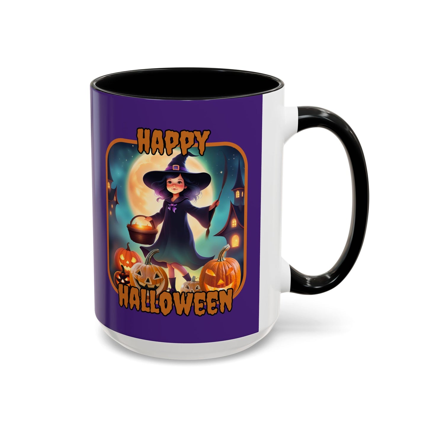 Happy Halloween Little Witch Orange font Purple Accent Mug by CreepyCrafts.boo