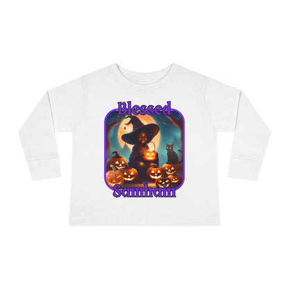 Blessed Samhain Cute Witch Purple font Toddler Long Sleeve Tee by CreepyCrafts.boo