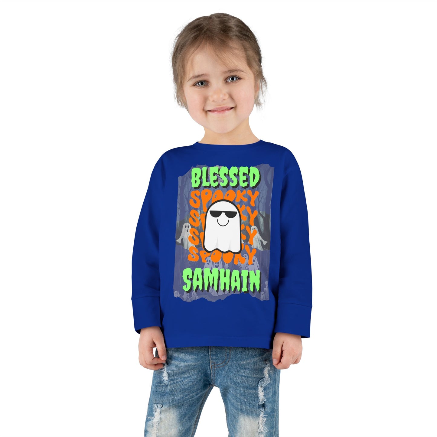 Spooky Blessed Samhain Ghost Green font Toddler Long Sleeve Tee by CreepyCrafts.boo