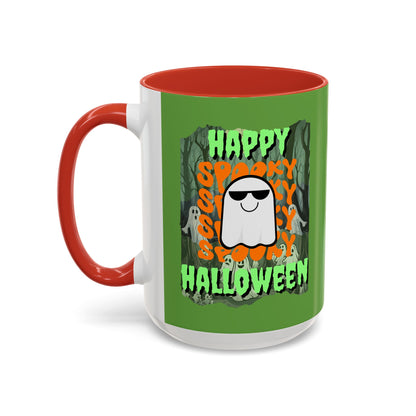 Spooky Happy Halloween Ghost Green font Green Accent Mug by CreepyCrafts.boo