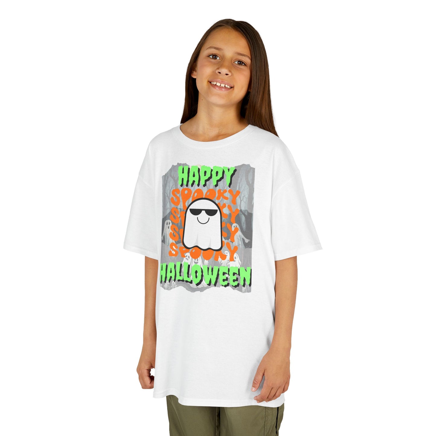 Spooky Happy Halloween Ghost Green font Kids Heavy Cotton™ Tee by CreepyCrafts.boo