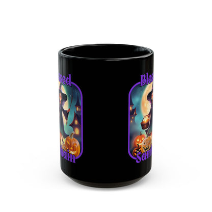 Blessed Samhain Little Witch Purple font Black Mug by CreepyCrafts.boo