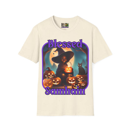 Blessed Samhain Cute Witch Purple font Light colors Unisex T-Shirt by CreepyCrafts.boo