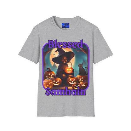 Blessed Samhain Cute Witch PRfont LTcolors Unisex T-Shirt by cypherpunkgear