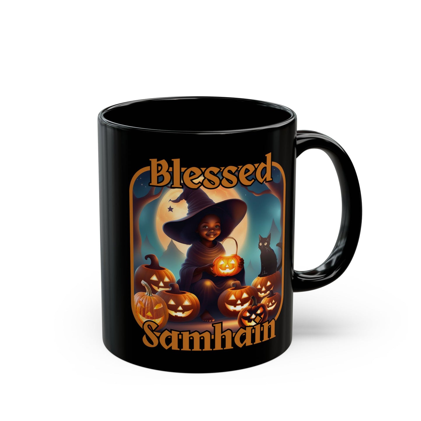 Blessed Samhain Cute Witch Orange font Black Mug by CreepyCrafts.boo
