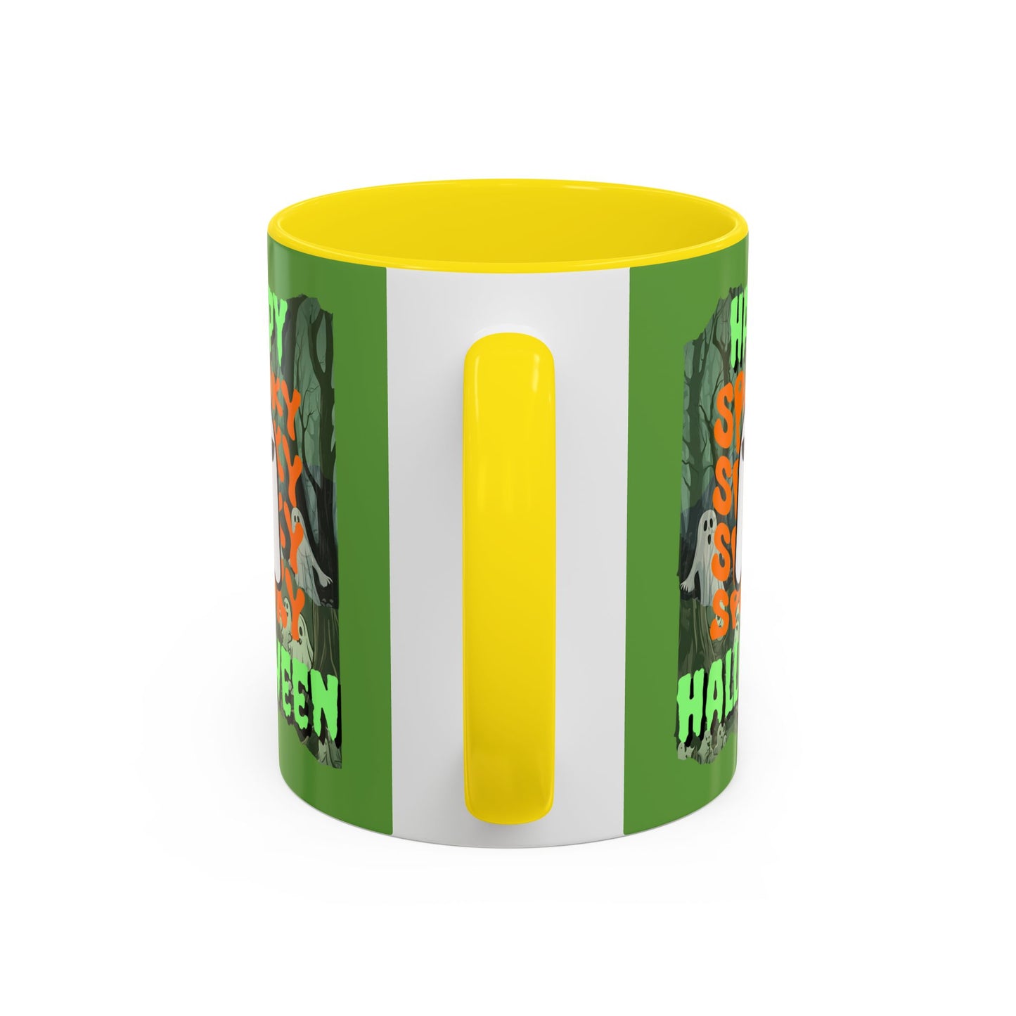 Spooky Happy Halloween Ghost Green font Green Accent Mug by CreepyCrafts.boo