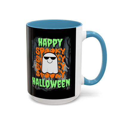 Spooky Happy Halloween Ghost Green font Black Accent Mug by CreepyCrafts.boo