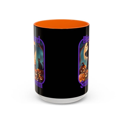 Blessed Samhain Cute Witch Purple font Black Accent Mug by CreepyCrafts.boo