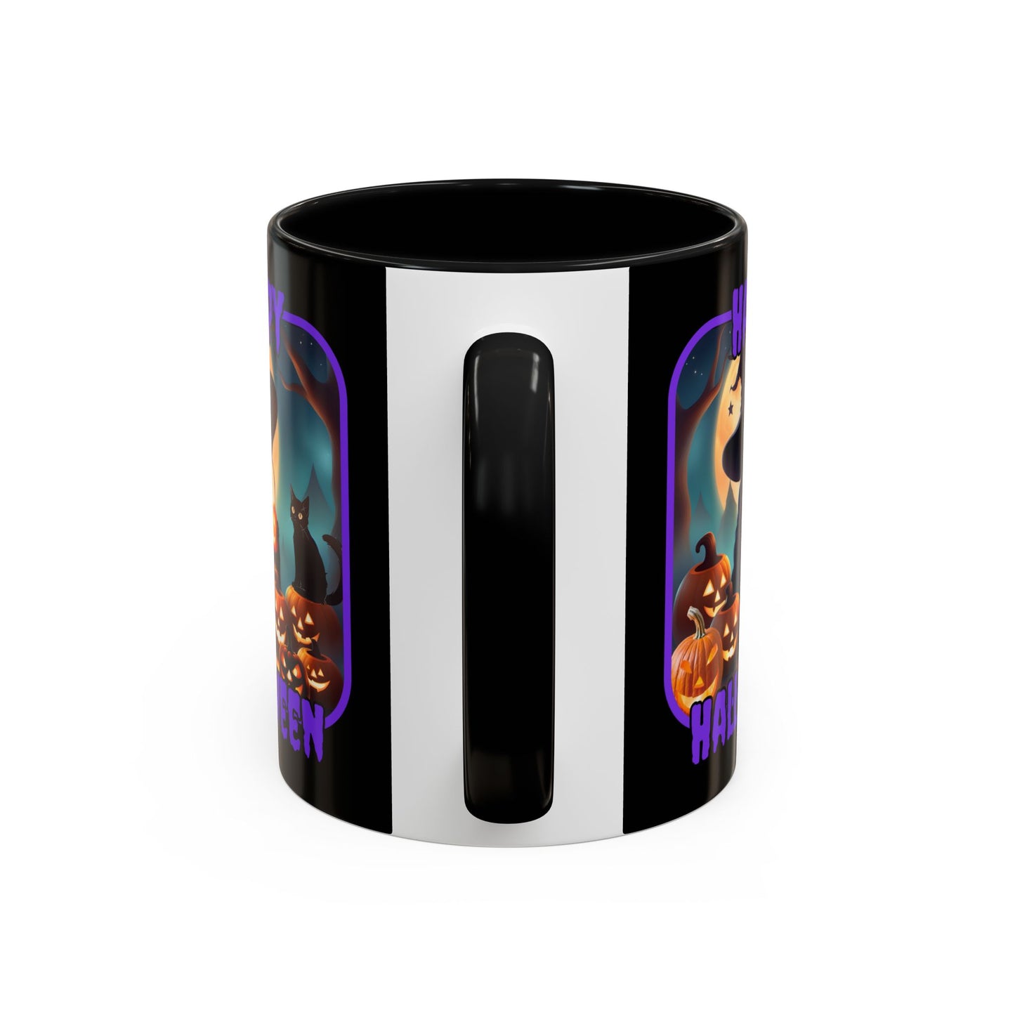 Happy Halloween Cute Witch Purple font Black Accent Mug by CreepyCrafts.boo