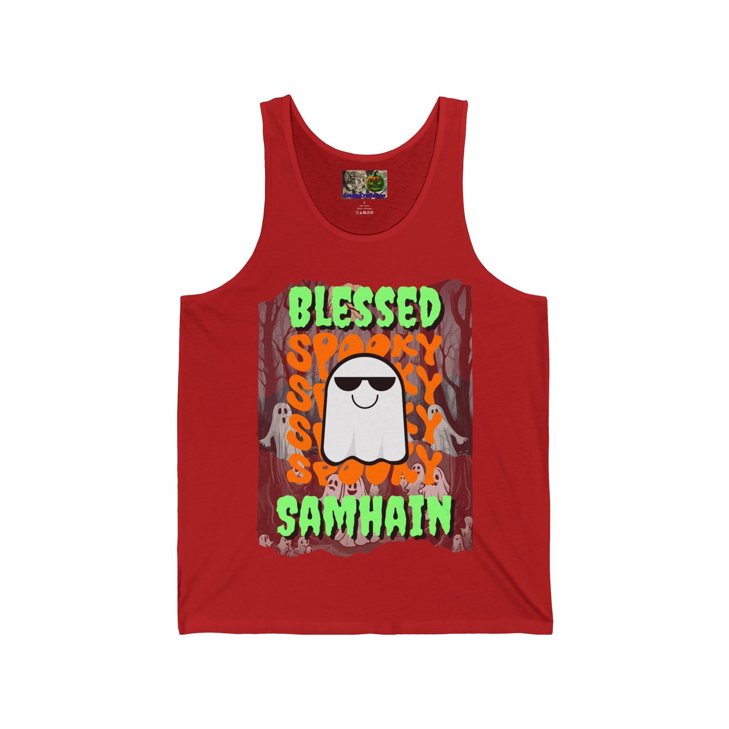 Spooky Blessed Samhain Ghost Green font Unisex Jersey Tank Top by CreepyCrafts.boo