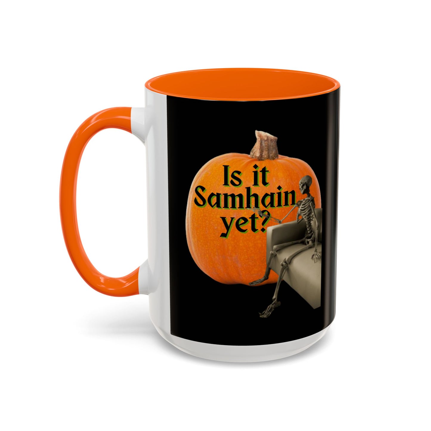 Is It Samhain Yet? Skeleton's Giant Pumpkin Black Accent Mug by CreepyCrafts.boo