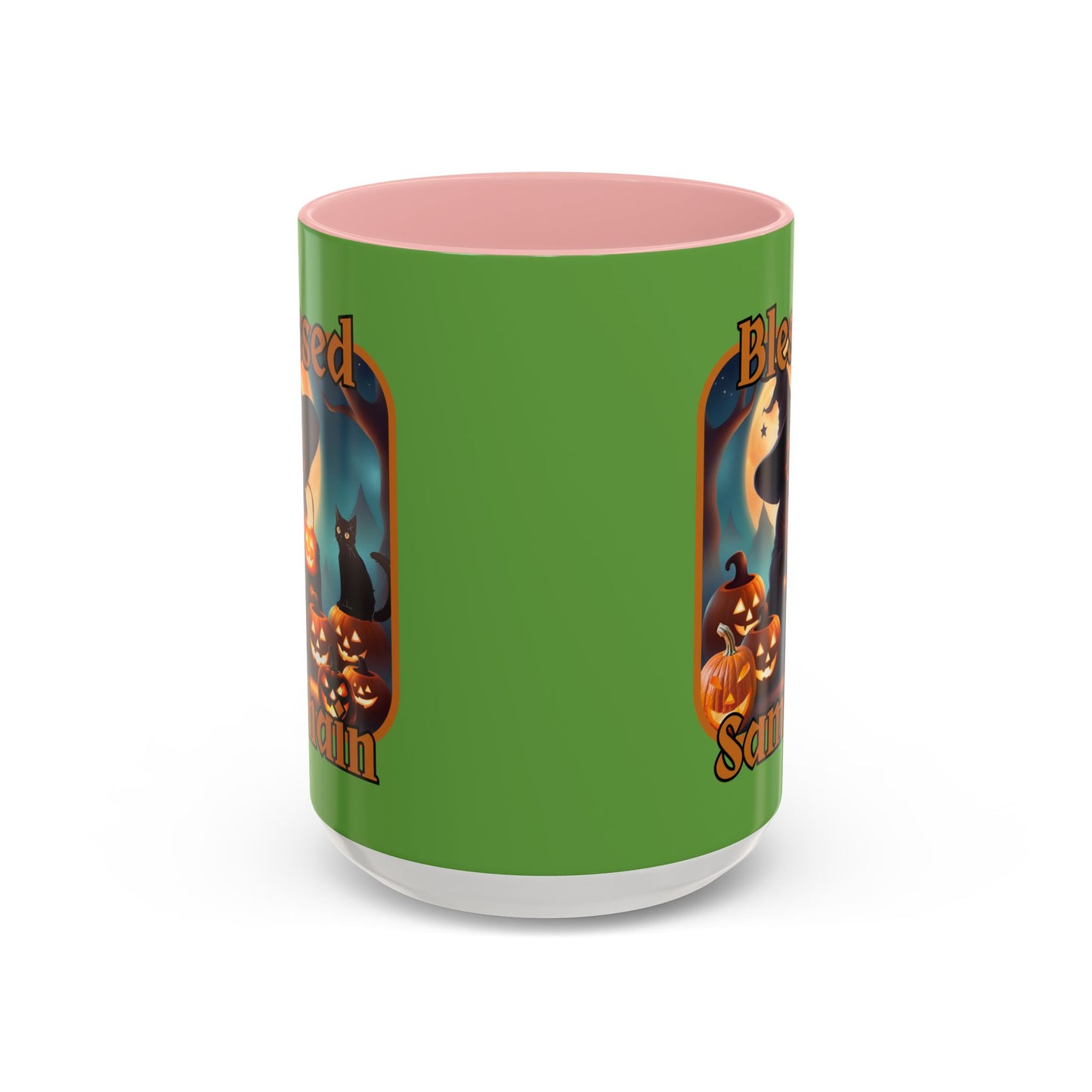 Blessed Samhain Cute Witch Orange font Green Accent Mug by CreepyCrafts.boo