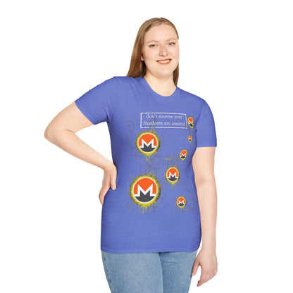 Monero (XMR) don't assume your freedoms are assured Dark colors Unisex T-Shirt by cypherpunkgear.com