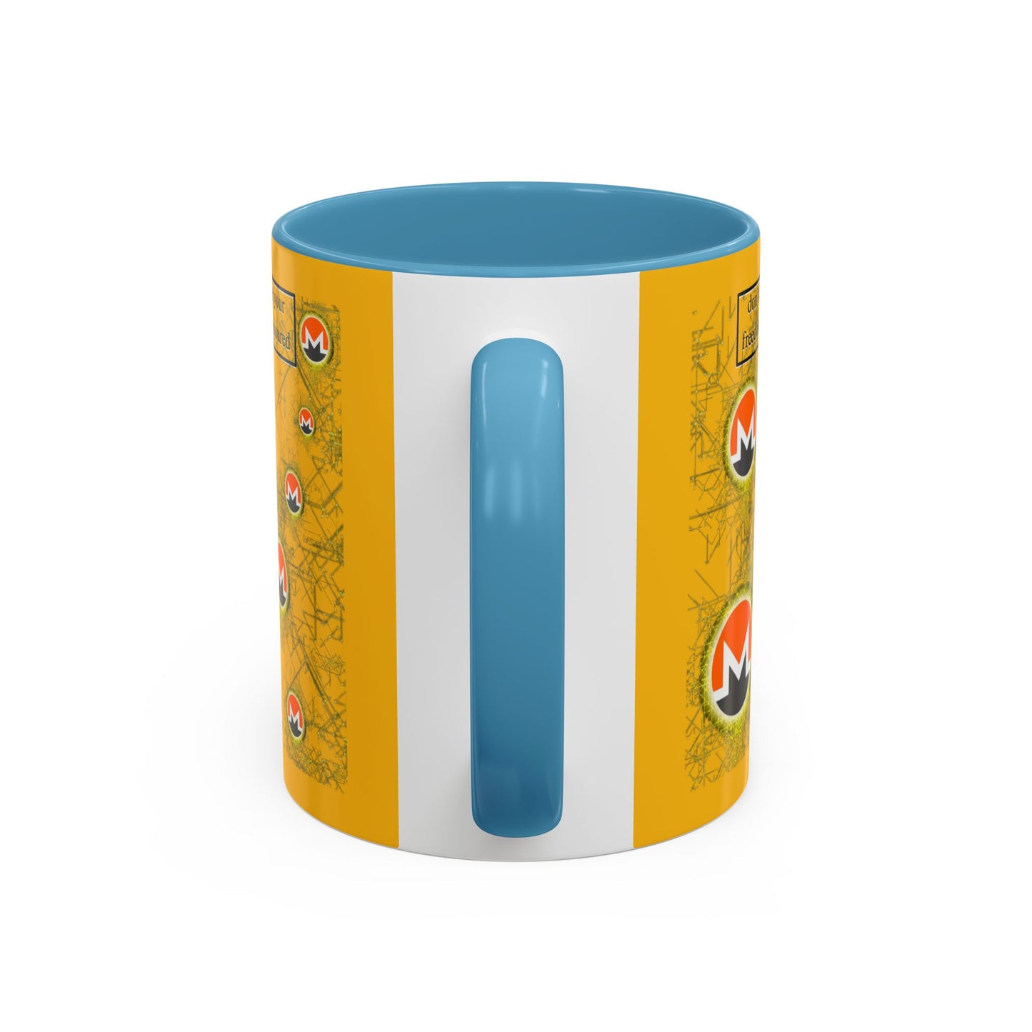 Monero (XMR) don't assume your freedoms are assured Yellow Accent Mug by cypherpunkgear.com