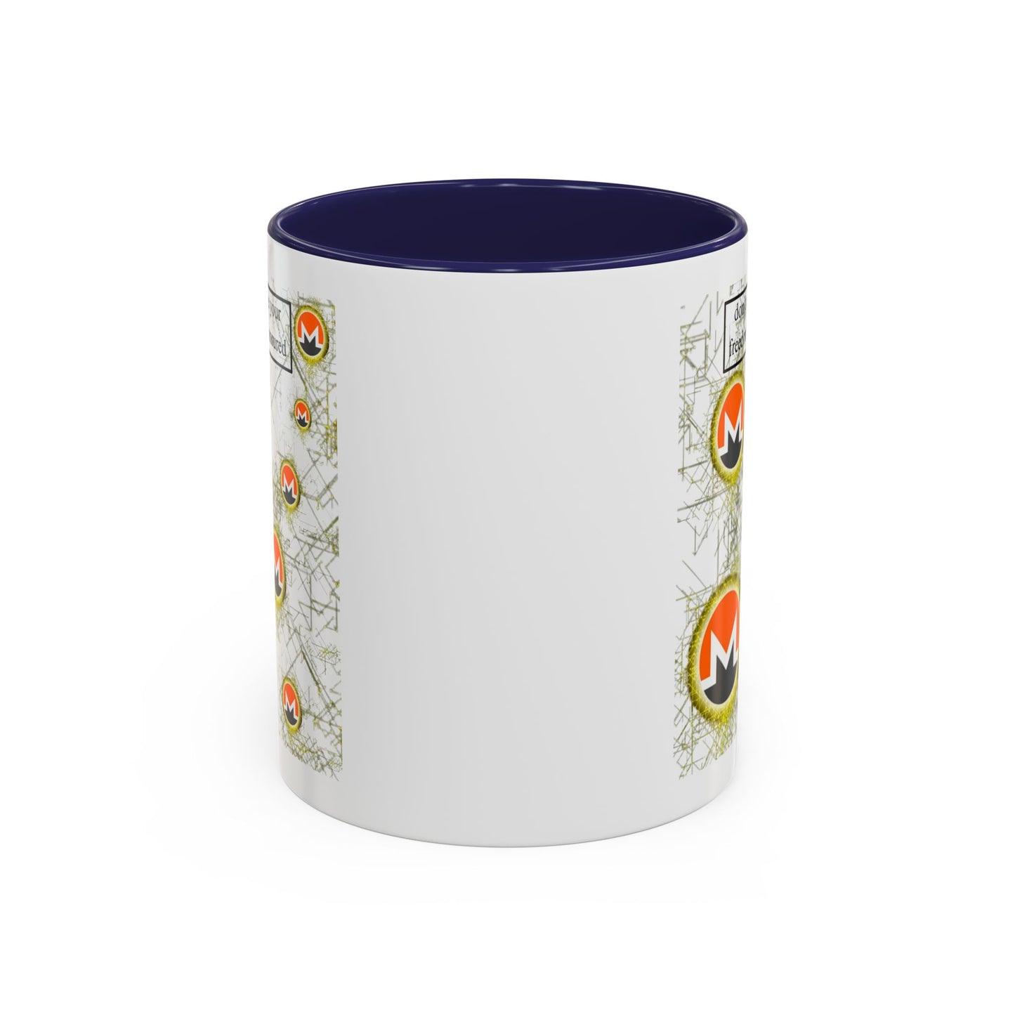 Monero (XMR) don't assume your freedoms are assured White Accent Mug by cypherpunkgear.com