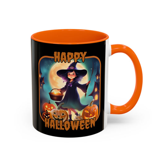 Happy Halloween Little Witch Orange font Black Accent Mug by CreepyCrafts.boo