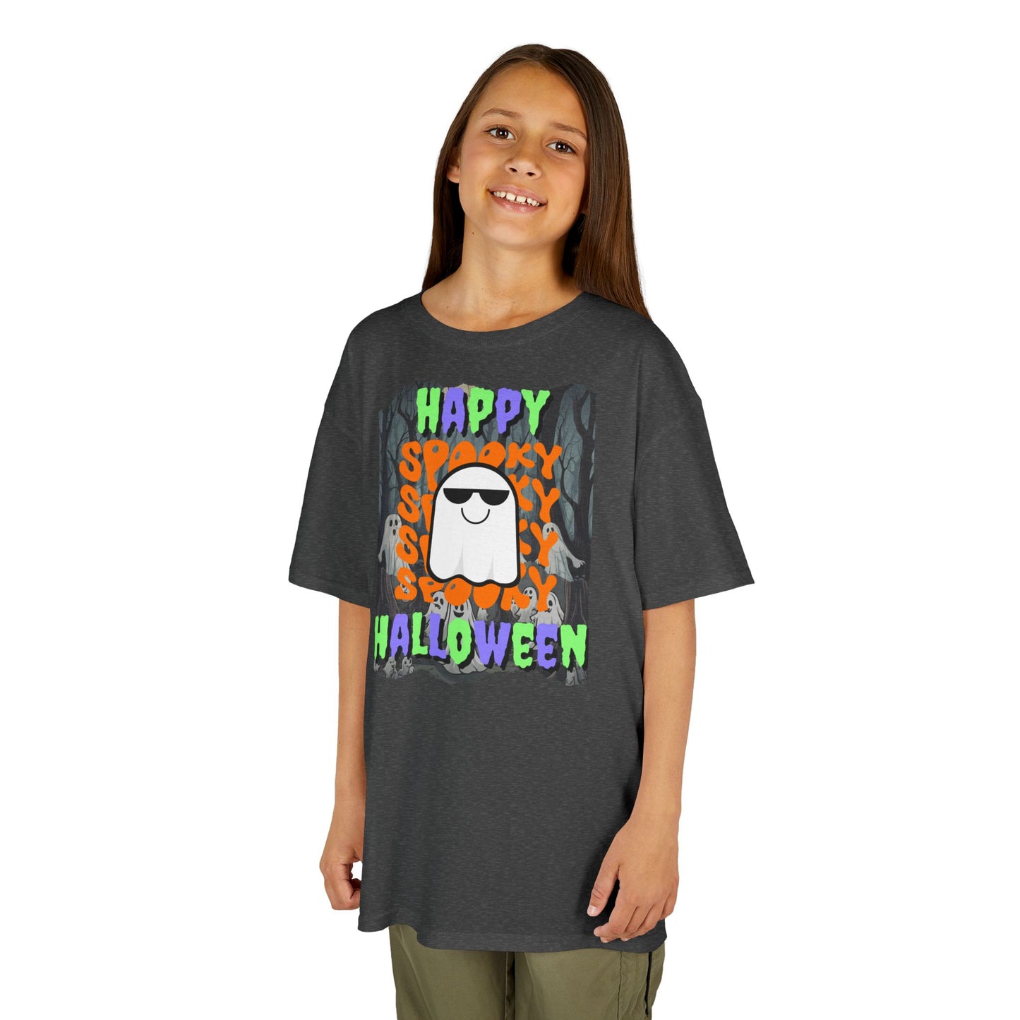 Spooky Happy Halloween Ghost Mixed font Kids Heavy Cotton™ Tee by CreepyCrafts.boo